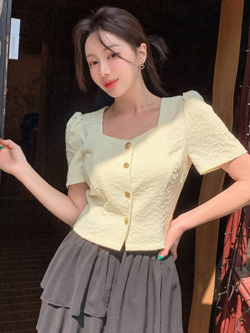 DAZY Women's Front Button Square Neck Plain Short Sleeve Elegant Shirt