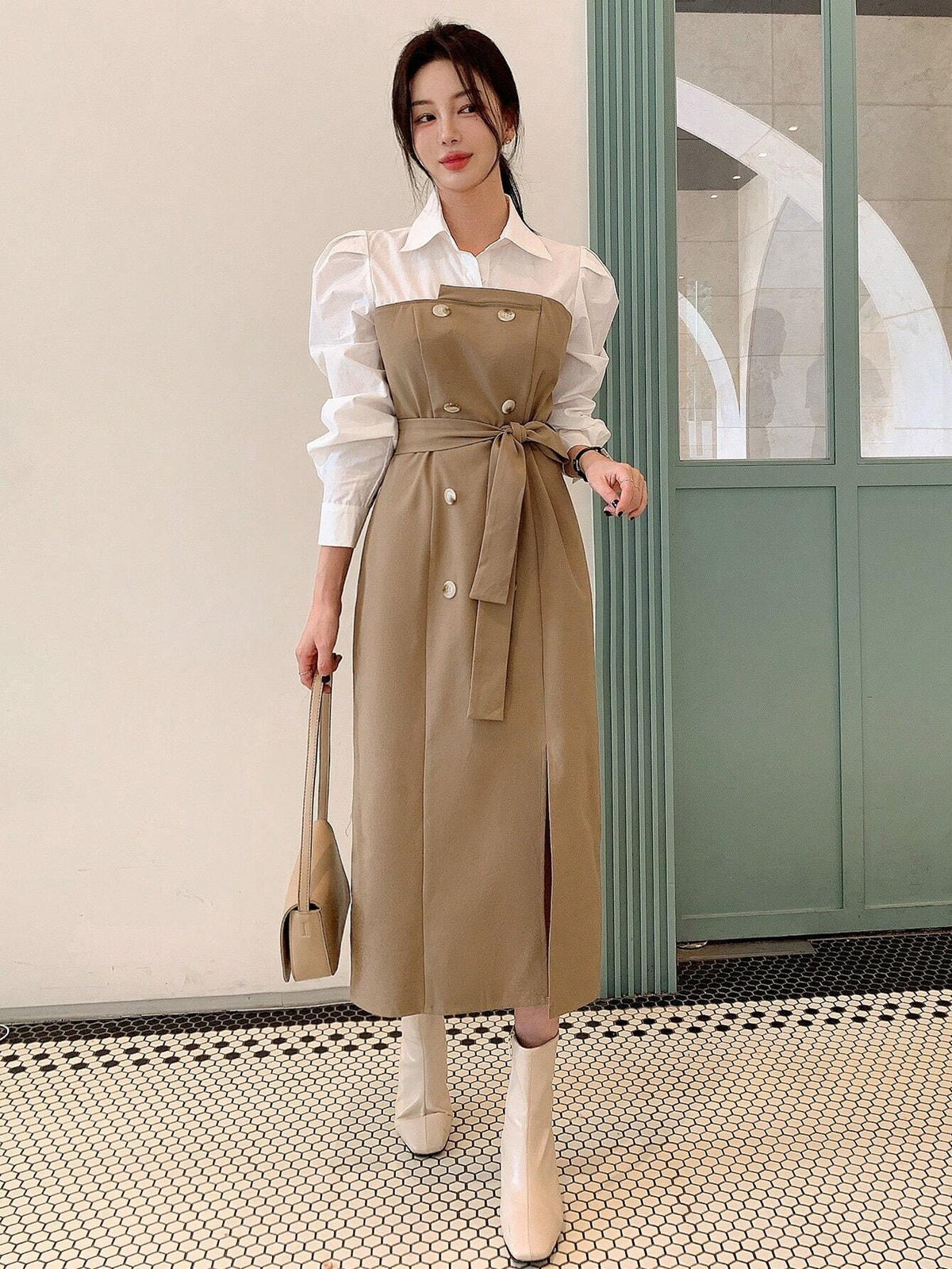 DAZY Women's Front Button Tie Waist Split Hem Casual Dress