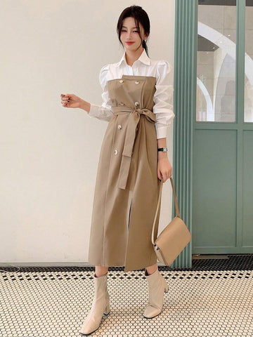 DAZY Women's Front Button Tie Waist Split Hem Casual Dress