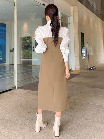 DAZY Women's Front Button Tie Waist Split Hem Casual Dress