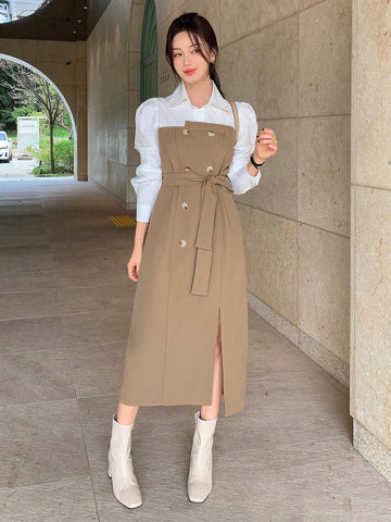 DAZY Women's Front Button Tie Waist Split Hem Casual Dress