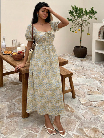 DAZY Women's Full Print Bubble Sleeve Dress With Sweetheart Neckline