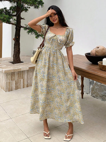 DAZY Women's Full Print Bubble Sleeve Dress With Sweetheart Neckline
