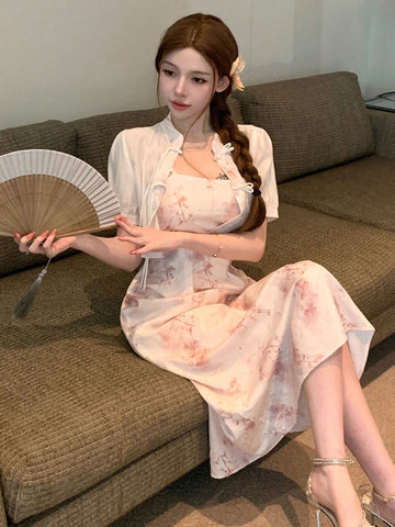 DAZY Women's Full Print Splicing Short Sleeve Two-Piece Set