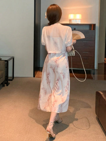 DAZY Women's Full Print Splicing Short Sleeve Two-Piece Set