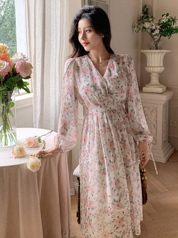 DAZY Women's Full Print V-Neck Lantern Long Sleeve Mid-Length Dress With Waist Tie