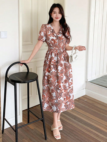 DAZY Women's Full Printed V-Neck Short Sleeves Dress