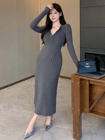 DAZY Women's Half-Placket Textured Ribbed Long Bodycon Dress