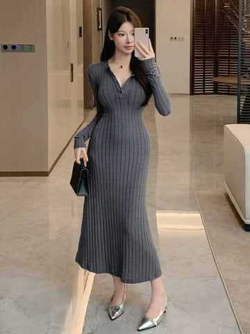 DAZY Women's Half-Placket Textured Ribbed Long Bodycon Dress