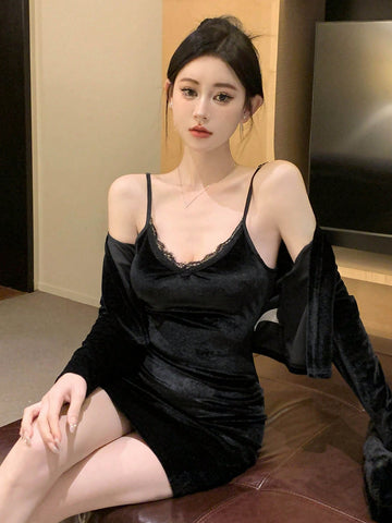 DAZY Women's Lace Decorated Velvet Cami Dress And Long Sleeve Jacket Two-Piece Set