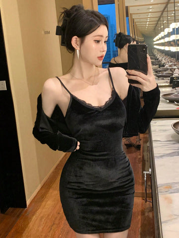 DAZY Women's Lace Decorated Velvet Cami Dress And Long Sleeve Jacket Two-Piece Set