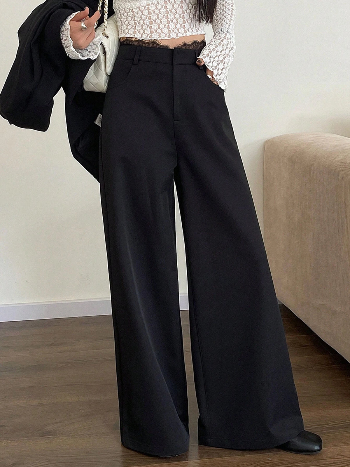 DAZY Women's Lace Patchwork Casual Wide Leg Pants Suit Trousers