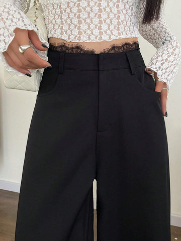 DAZY Women's Lace Patchwork Casual Wide Leg Pants Suit Trousers