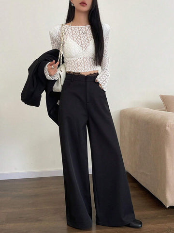 DAZY Women's Lace Patchwork Casual Wide Leg Pants Suit Trousers