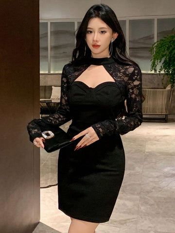 DAZY Women's Lace Patchwork Mini Bodycon Dress