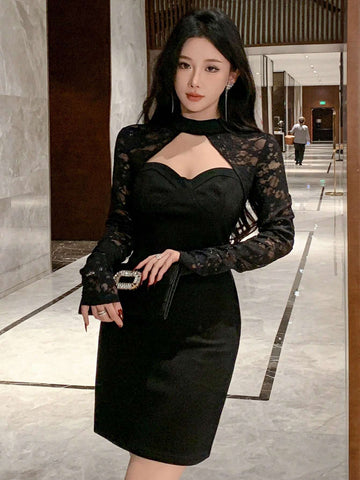 DAZY Women's Lace Patchwork Mini Bodycon Dress