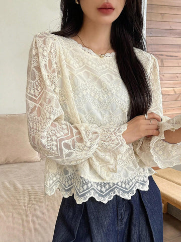 DAZY Women's Lace Sheer Long Sleeve Loose Blouse