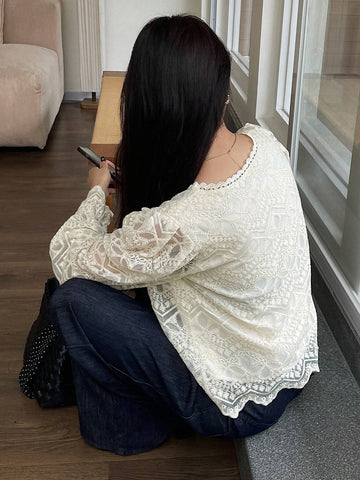 DAZY Women's Lace Sheer Long Sleeve Loose Blouse