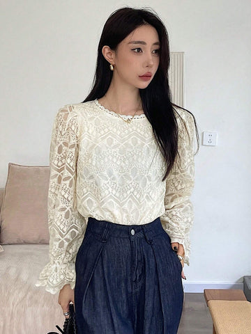 DAZY Women's Lace Sheer Long Sleeve Loose Blouse