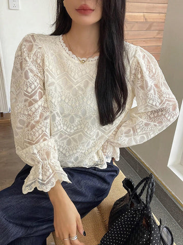 DAZY Women's Lace Sheer Long Sleeve Loose Blouse
