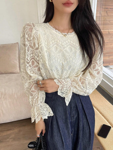 DAZY Women's Lace Sheer Long Sleeve Loose Blouse