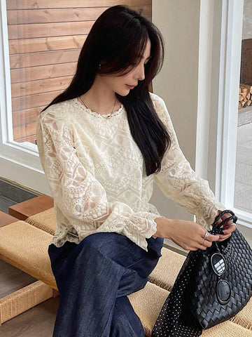 DAZY Women's Lace Sheer Long Sleeve Loose Blouse