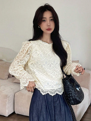 DAZY Women's Lace Sheer Long Sleeve Loose Blouse