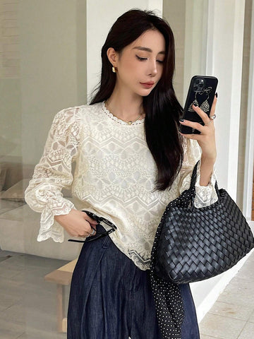 DAZY Women's Lace Sheer Long Sleeve Loose Blouse