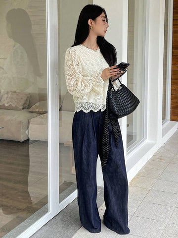 DAZY Women's Lace Sheer Long Sleeve Loose Blouse