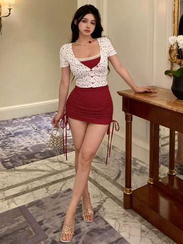 DAZY Women's Lace Splice Drawstring Side Slip Dress And Color-Block Front Button Short Sleeve Top Summer Two Piece Outfit