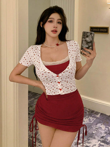 DAZY Women's Lace Splice Drawstring Side Slip Dress And Color-Block Front Button Short Sleeve Top Summer Two Piece Outfit