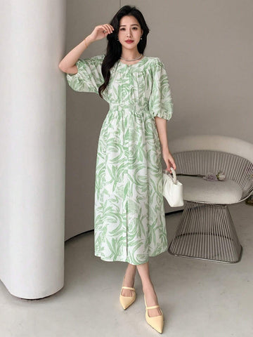 DAZY Women's Lantern Sleeve Plant Printed A-Line Dress With Gathered Waist
