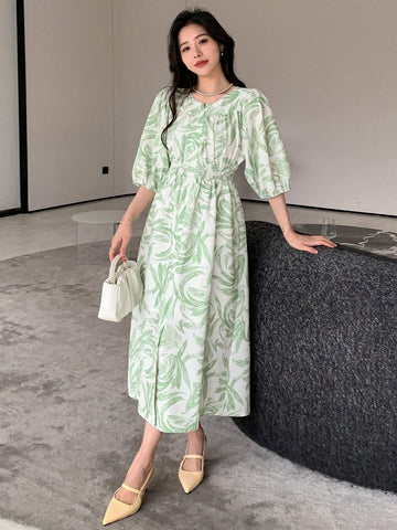 DAZY Women's Lantern Sleeve Plant Printed A-Line Dress With Gathered Waist