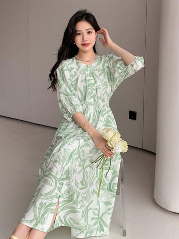 DAZY Women's Lantern Sleeve Plant Printed A-Line Dress With Gathered Waist