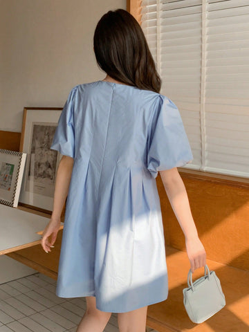 DAZY Women's Lantern Sleeve Pleated Detail Dress