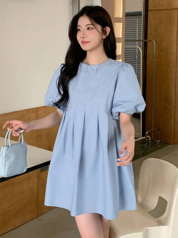DAZY Women's Lantern Sleeve Pleated Detail Dress