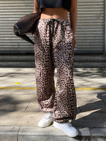 DAZY Women's Leopard Print Loose Wide Leg Pants, Elastic Waist Drawstring Pockets