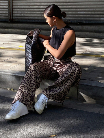 DAZY Women's Leopard Print Loose Wide Leg Pants, Elastic Waist Drawstring Pockets