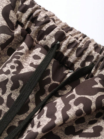 DAZY Women's Leopard Print Loose Wide Leg Pants, Elastic Waist Drawstring Pockets