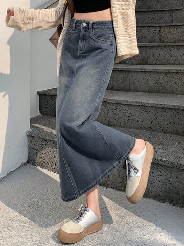 DAZY Women's Long Denim A-Line Skirt