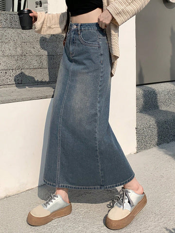 DAZY Women's Long Denim A-Line Skirt