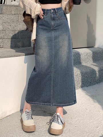 DAZY Women's Long Denim A-Line Skirt