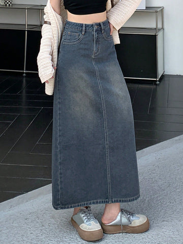 DAZY Women's Long Denim A-Line Skirt