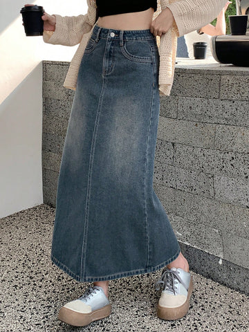 DAZY Women's Long Denim A-Line Skirt