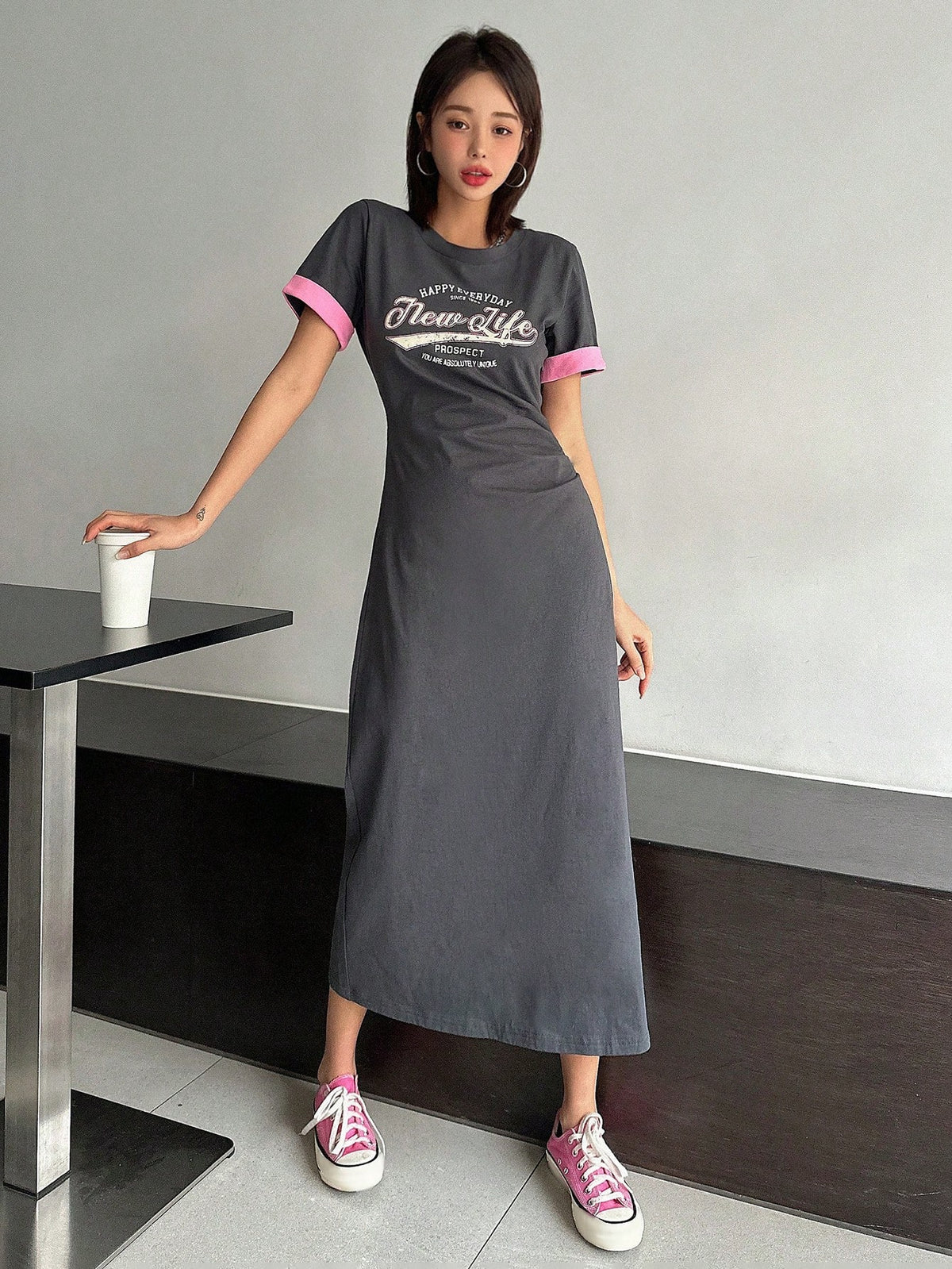 DAZY Women's Long Sleeve Dress With Contrast Cuffs And Letter Print