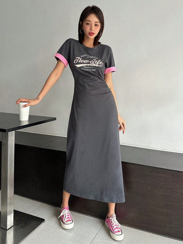 DAZY Women's Long Sleeve Dress With Contrast Cuffs And Letter Print