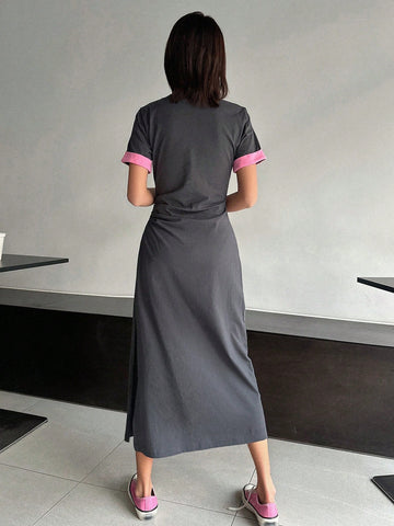 DAZY Women's Long Sleeve Dress With Contrast Cuffs And Letter Print
