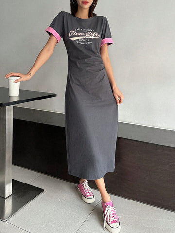 DAZY Women's Long Sleeve Dress With Contrast Cuffs And Letter Print