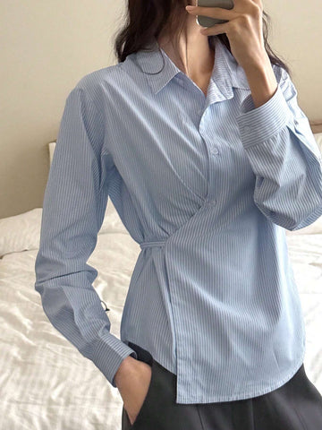DAZY Women's Loose Asymmetrical Tie-Up Striped Long Sleeve Blouse With Collar