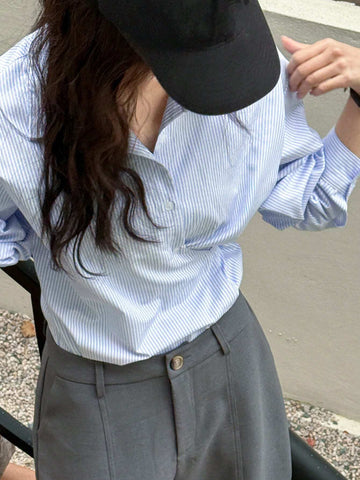 DAZY Women's Loose Asymmetrical Tie-Up Striped Long Sleeve Blouse With Collar